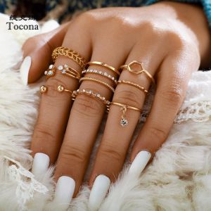 Everything is cheap Jewelry & Watches Tocona 8pcs/sets Bohemian Geometric Rings Sets Clear Crystal Stone Gold Chain Opening Rings for Women Jewelry Accessories 9012