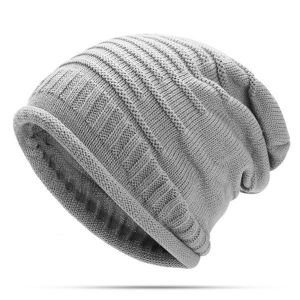 Women Knitted Woolen Stripe Beanie Hat Casual Foldable Warm Head Cap